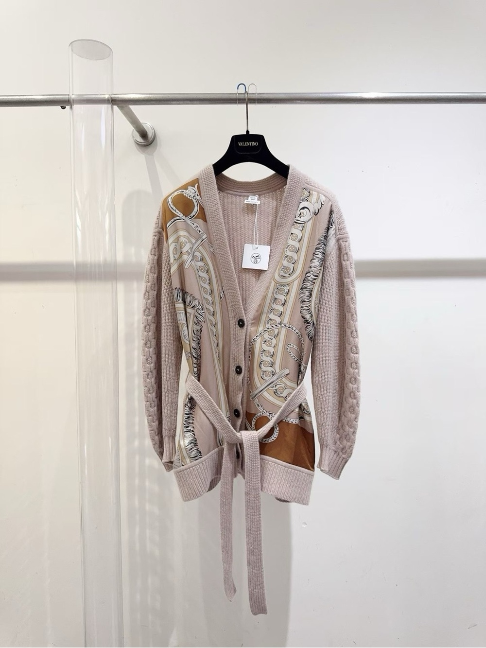 Hermes Beige & Tan Scarf-Print Belted Cable Cardigan